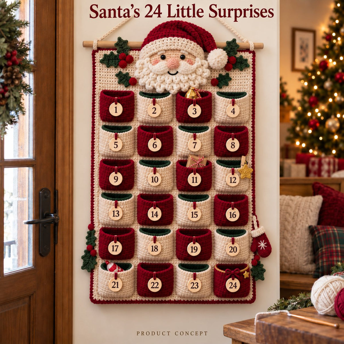 ⏳ Last Day 49% OFF – 🧶 DIY Crochet Advent Calendar Kit | 24 Refillable Pockets, 4 Christmas Characters & Complete Crochet Materials 🎄