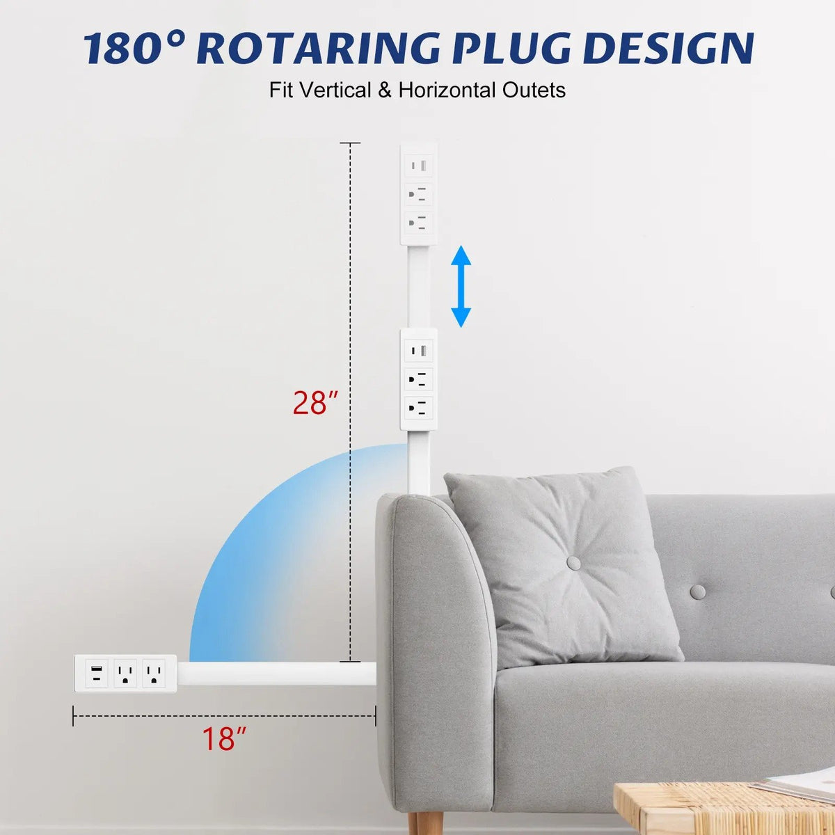 Flexible Outlet Extender with USB-C and USB-A, Rotating Plug, Power Adapter for Behind Furniture Access