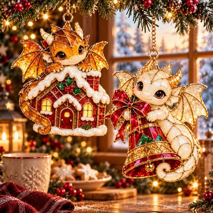 Enchanted Christmas Dragons – 6-Piece Vintage Stained Glass-Style Ornament Set
