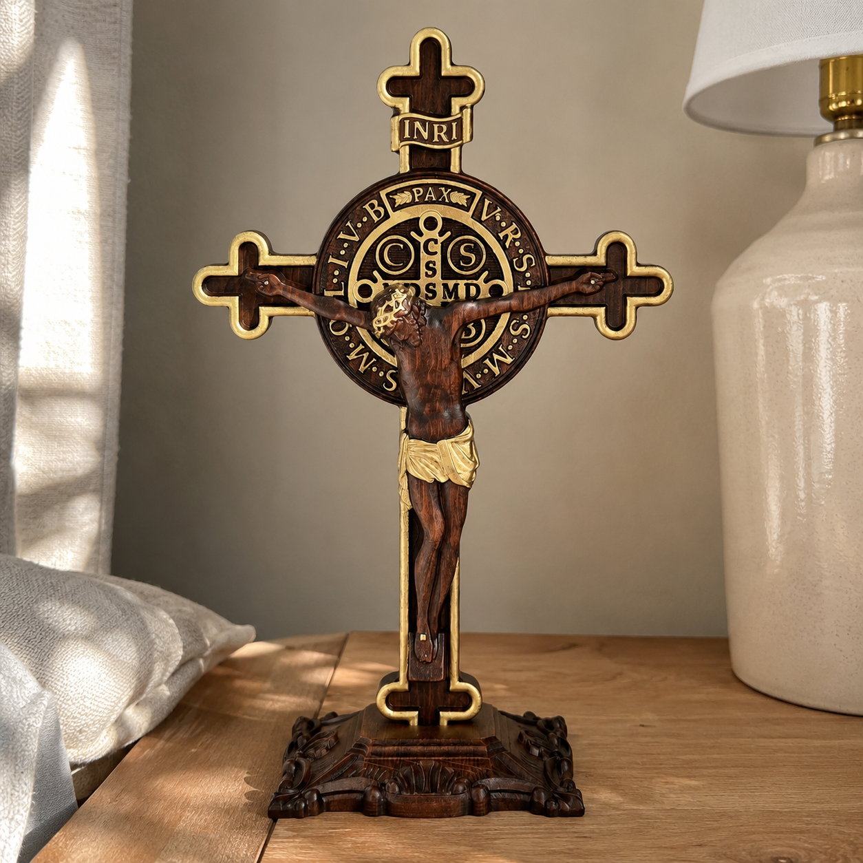 Hand-Carved Beechwood Saint Benedict Crucifix – Double-Sided Christian Standing Cross
