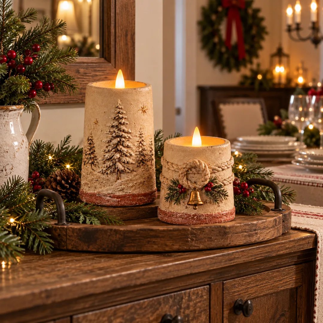 Rustic Christmas Flameless LED Candle Décor – Set of 2