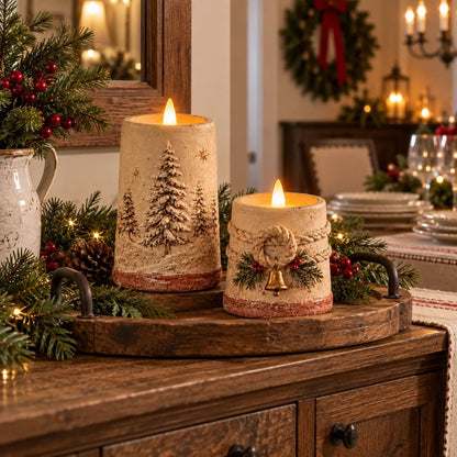 Rustic Christmas Flameless LED Candle Décor – Set of 2