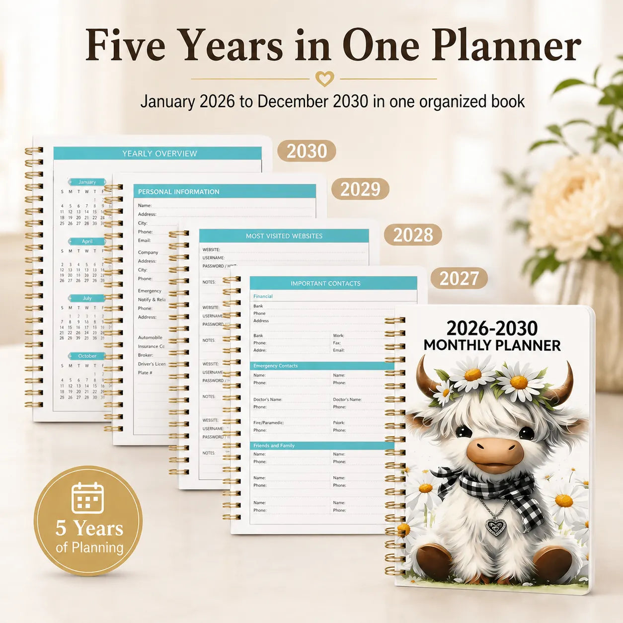 🐮 LAST DAY 49% OFF – Cute Cow 5-Year Planner 2026–2030 | Monthly Organizer with Farmhouse Cover, Goal Tracking Pages & Long-Term Planning Layout ✨