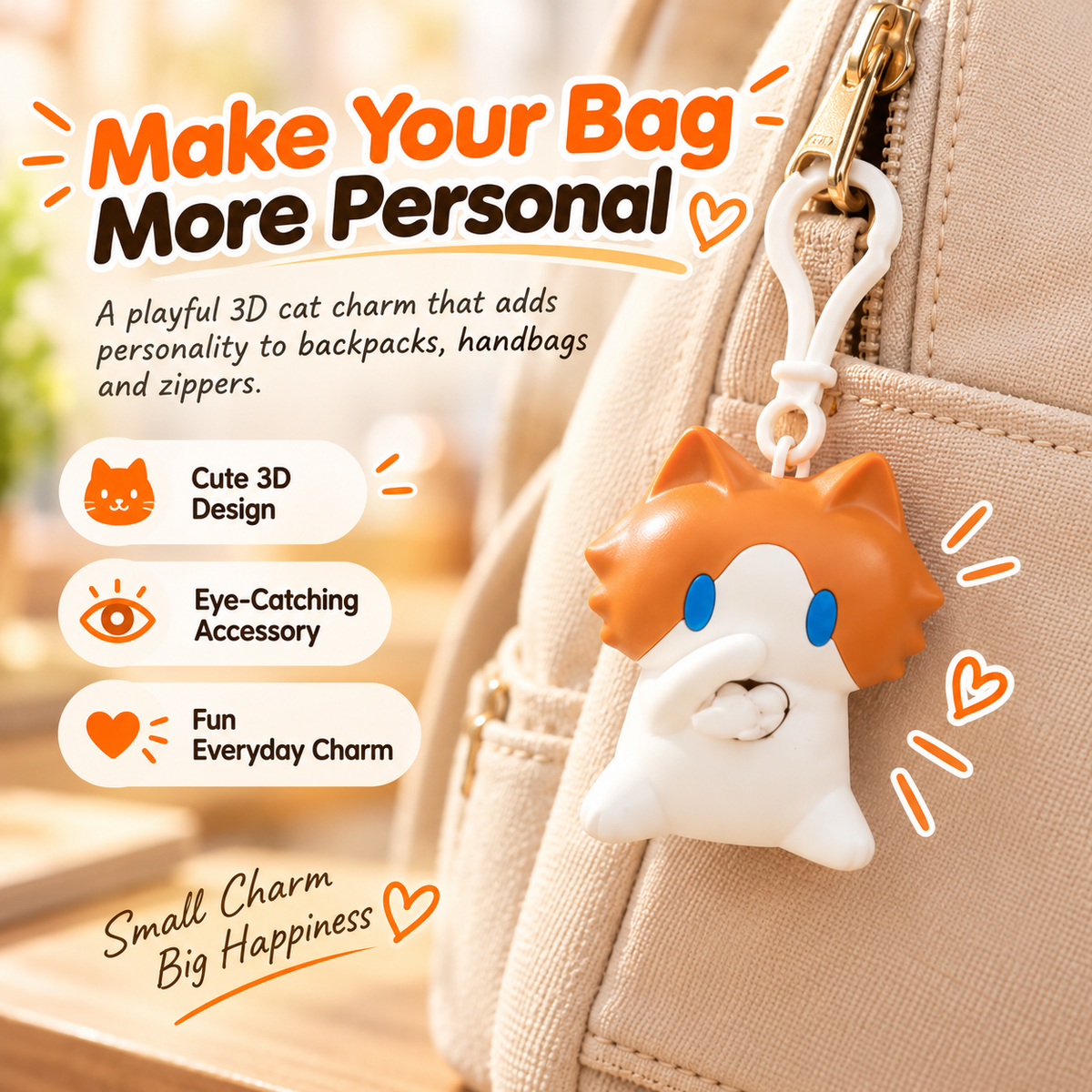 🐱 Interactive Waving Cat Keychain & Backpack Charm – Pull to Make It Wave