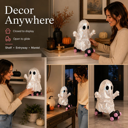 Retro Roller Skate Pearl Ghost Statue, Sweet & Edgy Decor for Seasonal Display