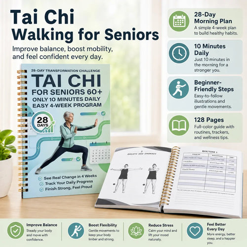 🔥🎁🔥Tai Chi Walking for Seniors, Spiral Bound 28 Day Morning Plan