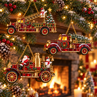 2026 Vintage Fire Truck Christmas Ornaments – Set of 6 | Stained-Glass Style with Festive Holiday Scenes & Golden Accents