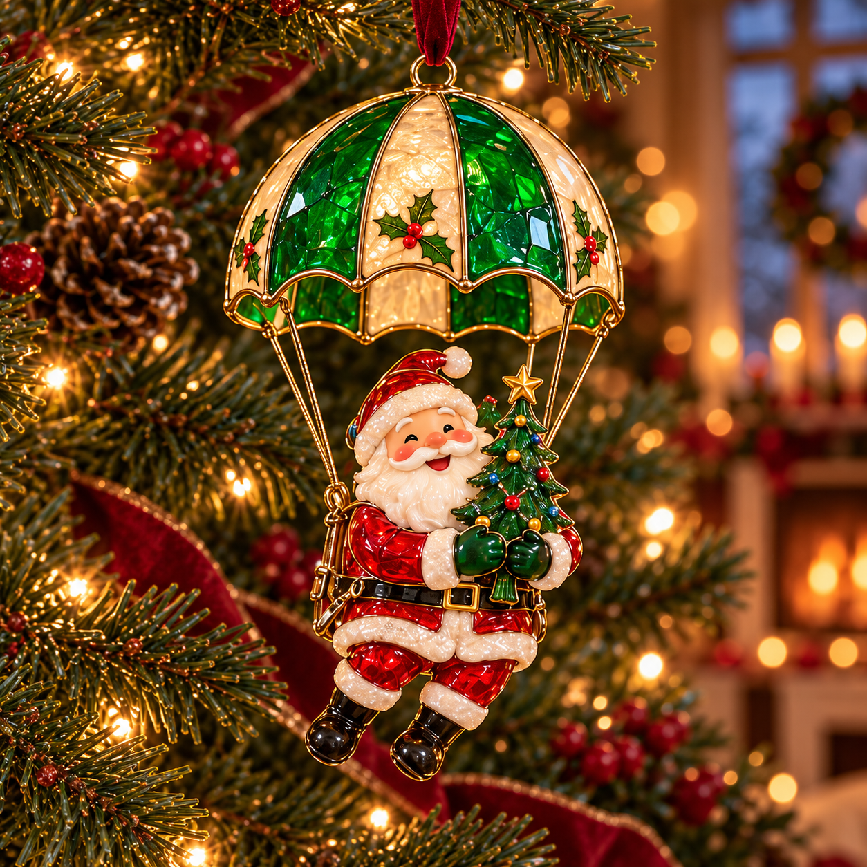 Santa under green and gold parachute carrying a Christmas tree