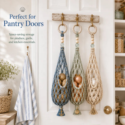 🌊 🥔 Coastal Hanging Produce Storage – Handwoven Breathable Organizer with Easy Side Access