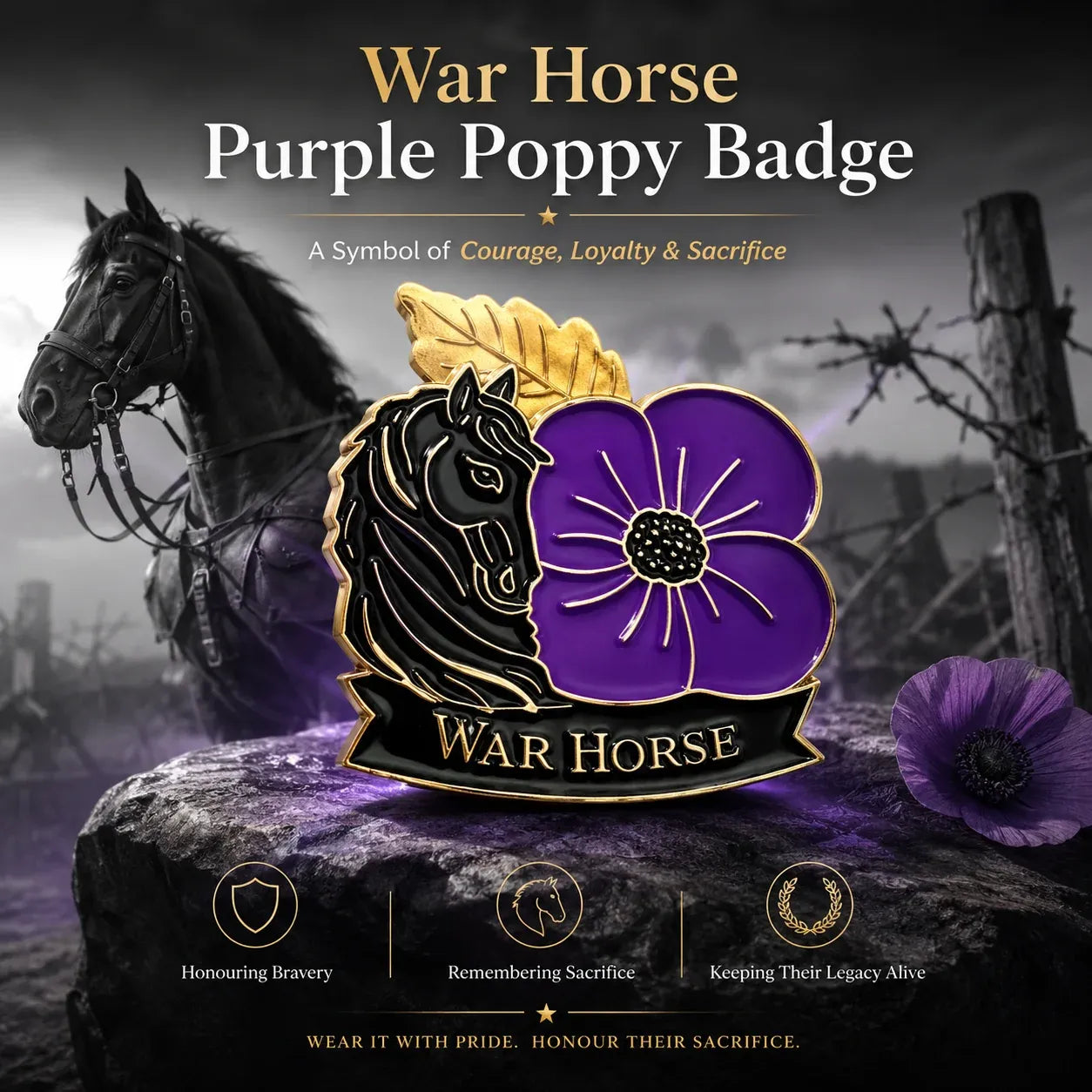 🐴 111th Anniversary War Horse Purple Poppy Remembrance Brooch | Meaningful Memorial Keepsake with Antique-Inspired Details for Veterans, Horse Lovers & History Collectors 💜