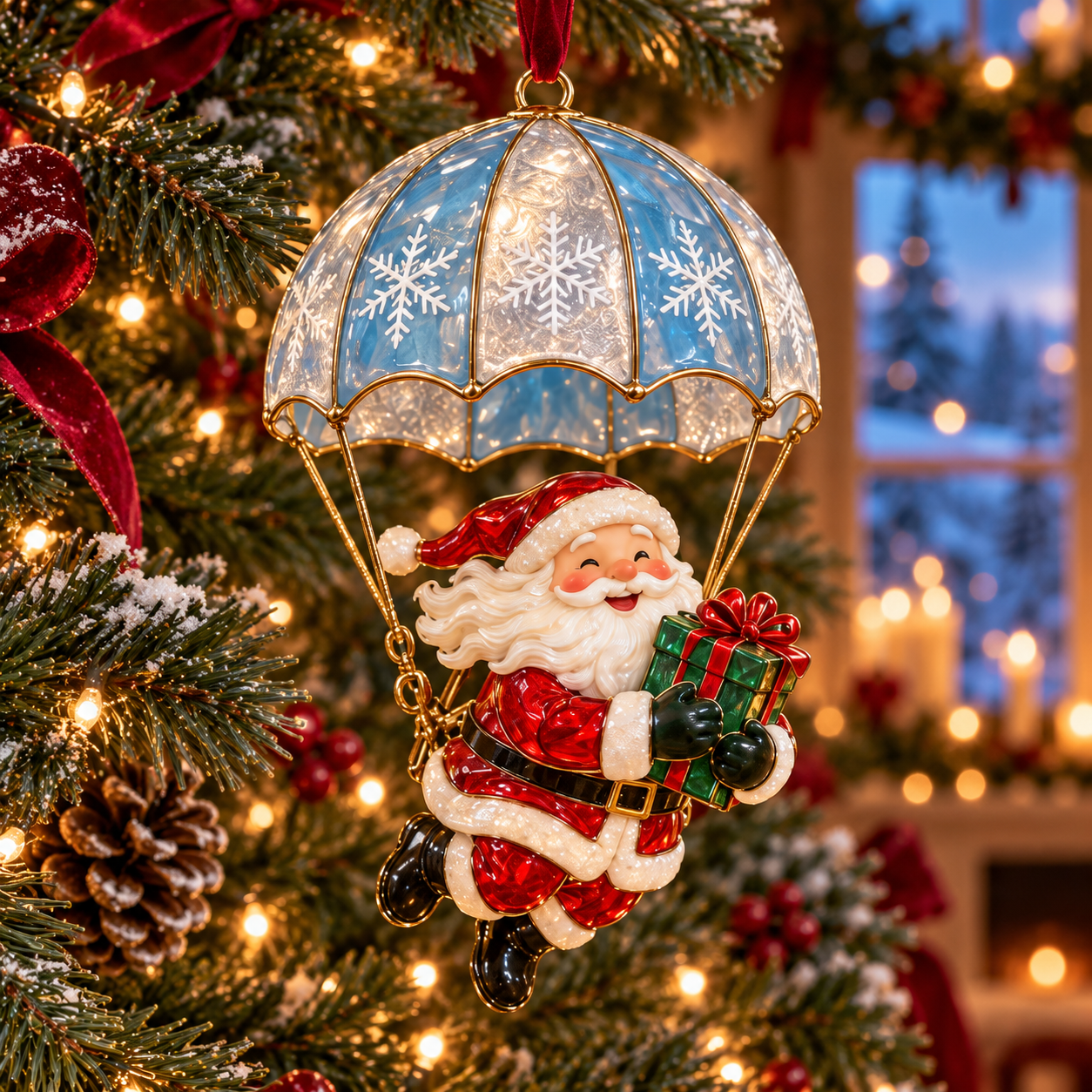 Winter Snowflake Santa ornament blue silver canopy