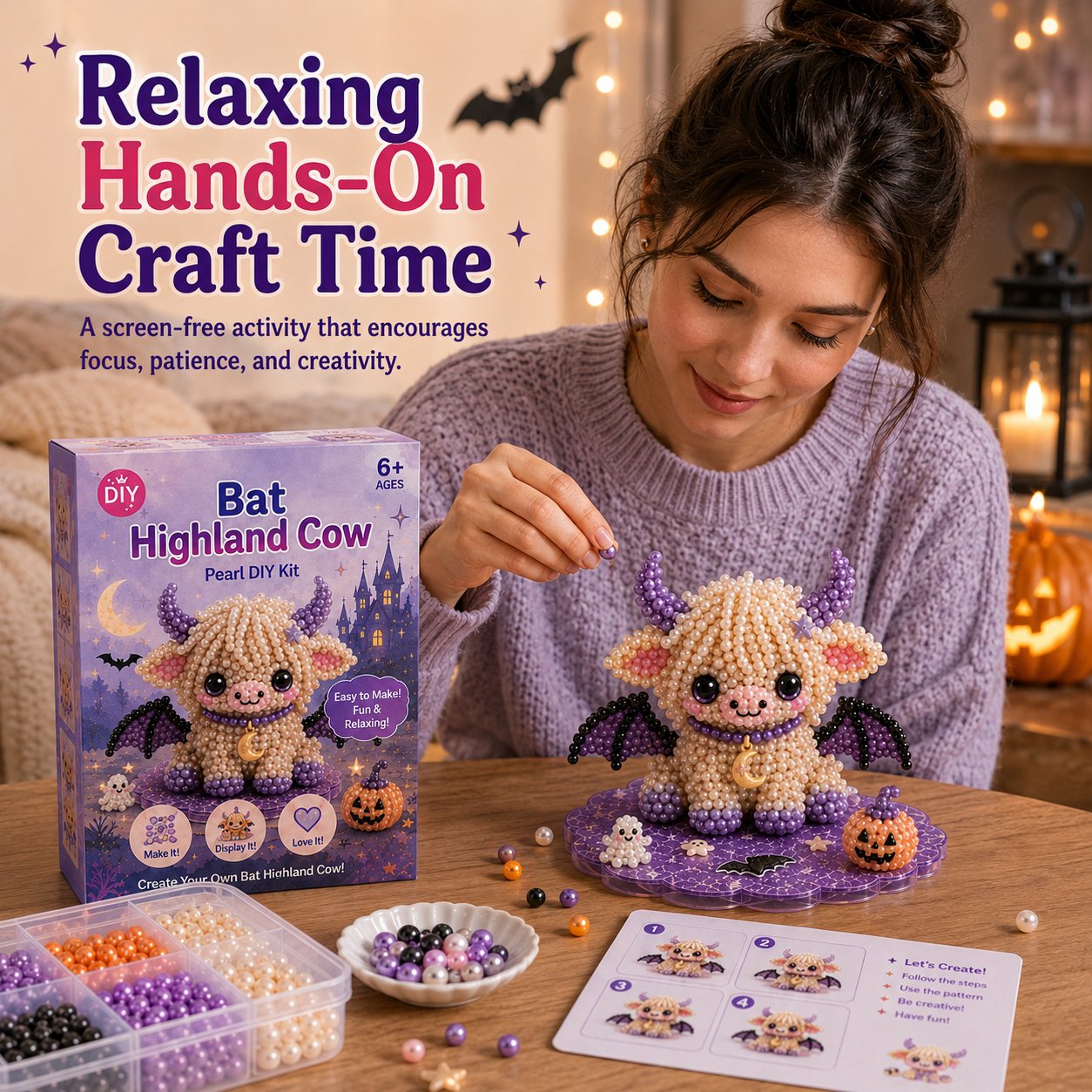 ⏳ Last Day 49% OFF – 🎃 Beginner-Friendly Halloween Highland Cow 3D Pearl Bead DIY Kit | Complete Kit with All Tools & Step-by-Step Guide Included 💕