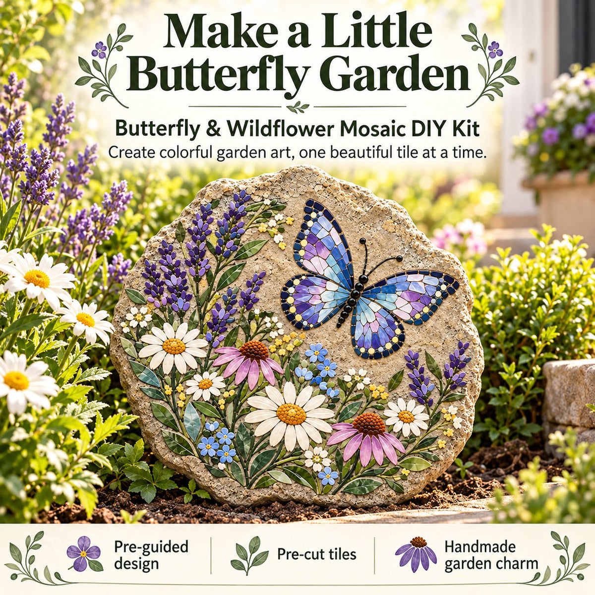 Finished butterfly and wildflower mosaic displayed in a garden