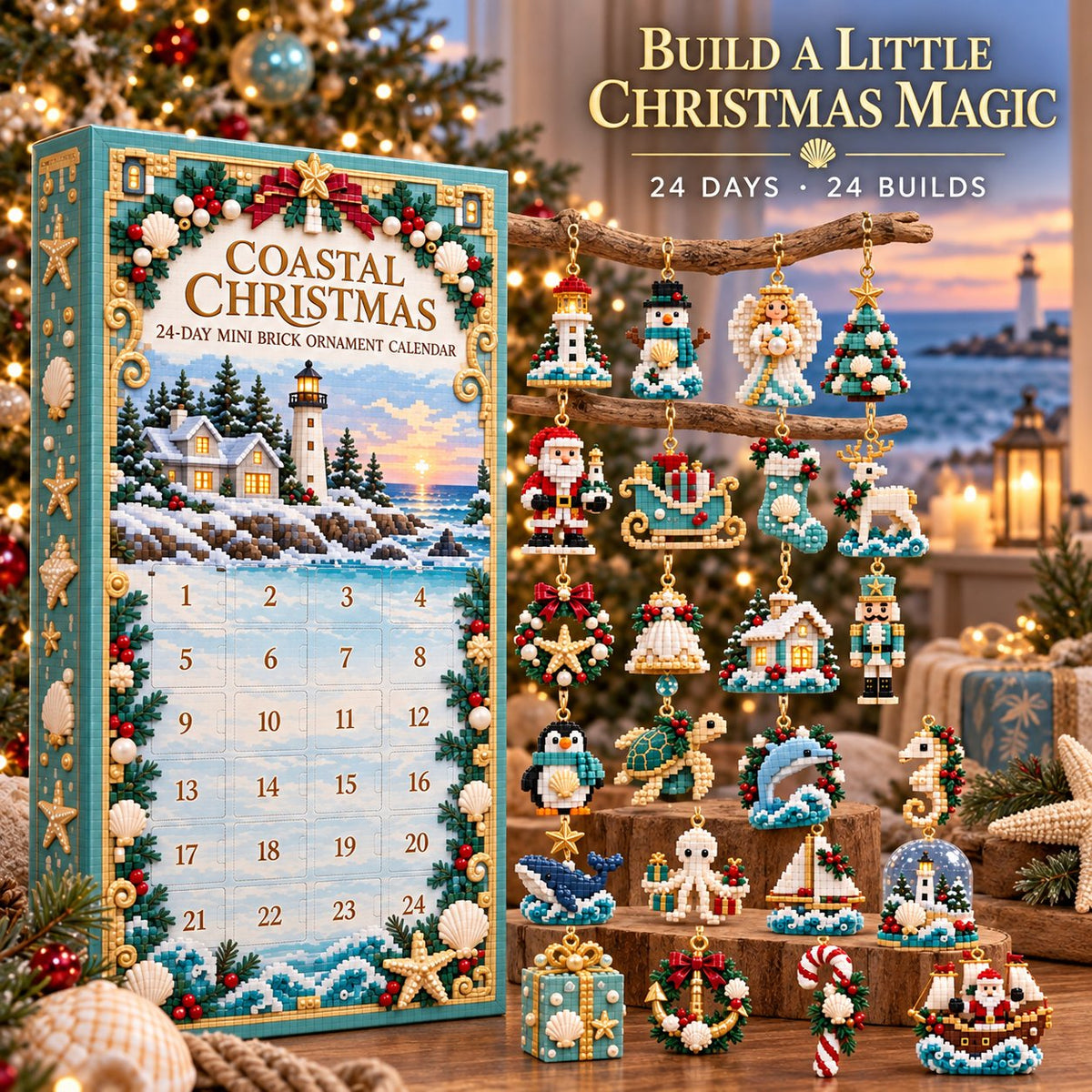 ✨ 🌊 Coastal Christmas 24-Day Mini Brick Ornament Advent Calendar