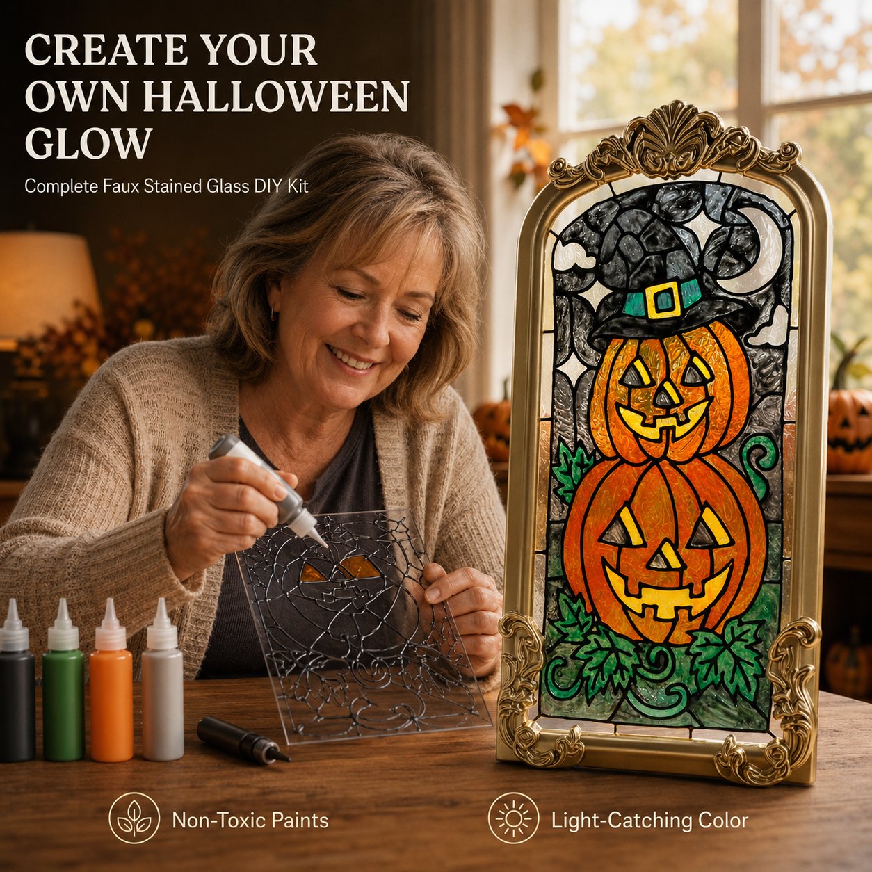 🔥Last Day 49% OFF - 🎃🎨 DIY Halloween Pumpkin Faux Stained Glass Art Kit