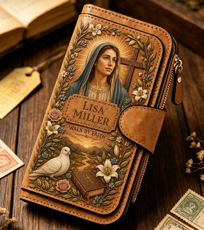 Personalized 'Walk By Faith' Vintage Leather Clutch Wallet 🕊️ | Jesus & Mary Editions