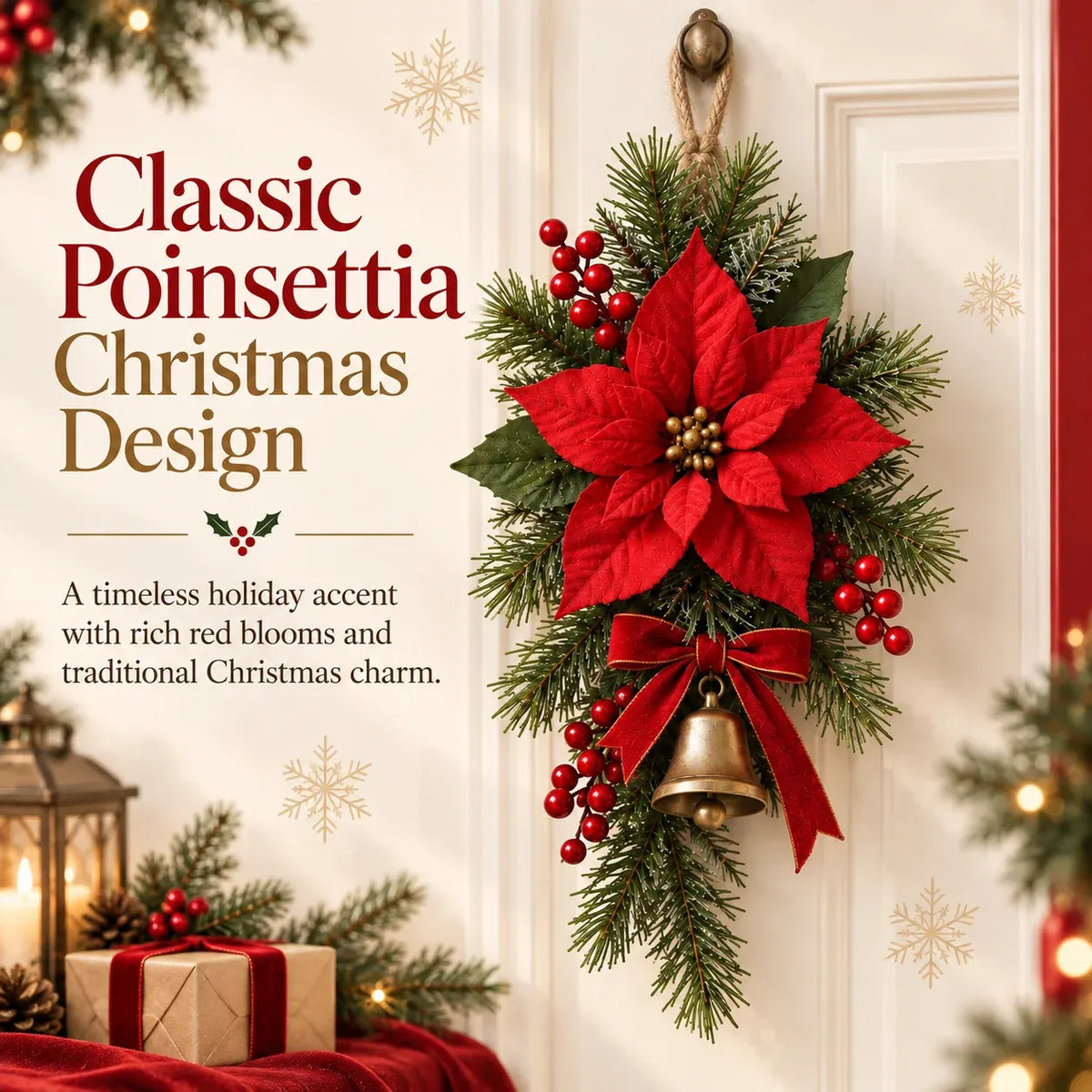 🔥🎁Classic Red Poinsettia Christmas Door Swag
