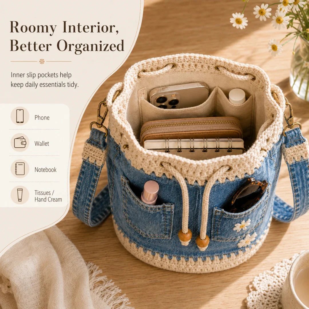 🔥HOT SALE 49% OFF✨👜Handmade Denim Crochet Bucket Bag