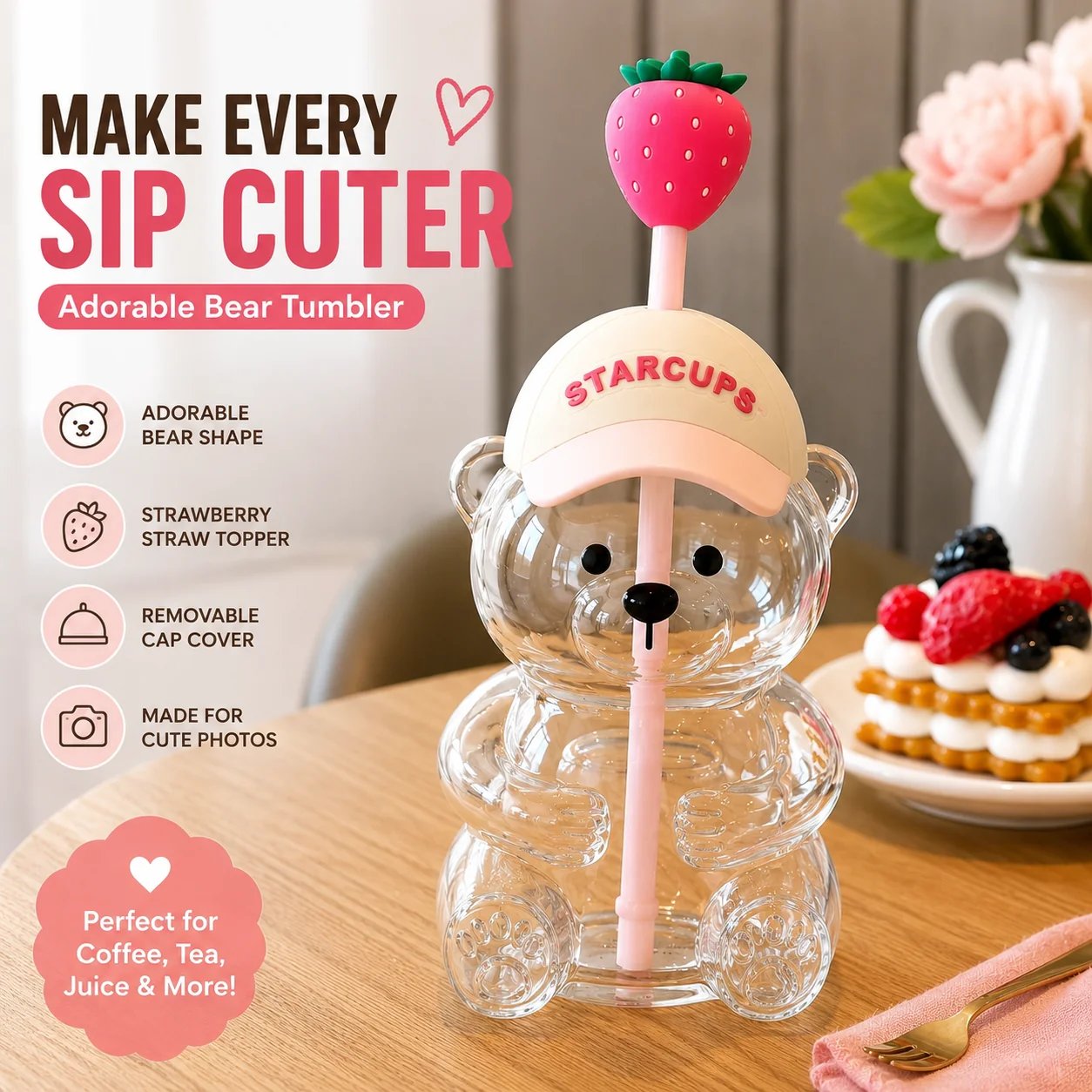🔥 TODAY 55% OFF🐻Cute Teddy Bear Glass Tumbler with Bear Lid & Strawberry Straw – 20oz Reusable Cup