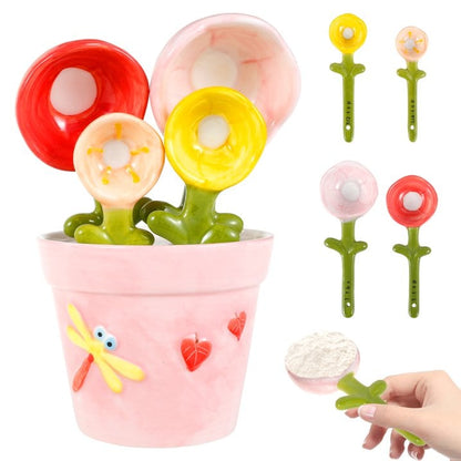 Ceramic Flower Measuring Spoons Set with Pink Pot Holder 🌸