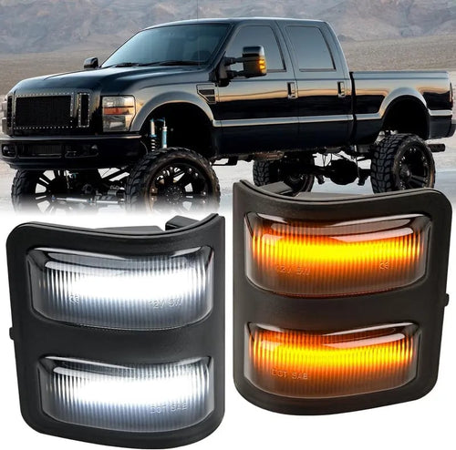 Dual-Color LED Truck Mirror Lights – Amber Turn Signal, White Parking Light, Smoked Lens, Plug-and-Play