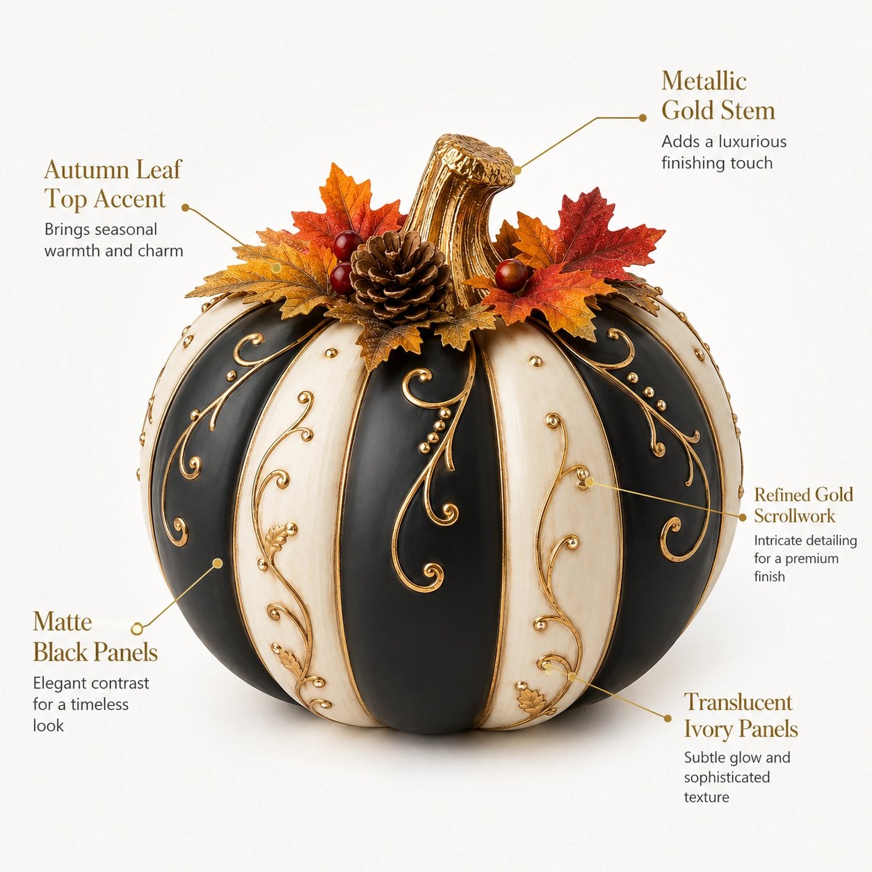 Lighted Black & Ivory Pumpkin Decor with Remote