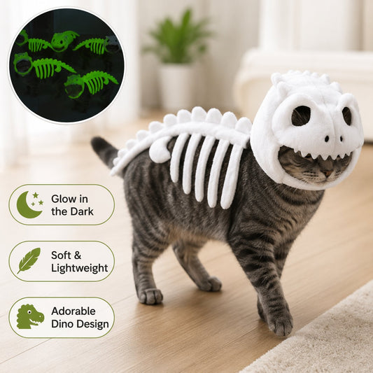 🎉🦖 Glow-in-the-Dark Dinosaur Skeleton Cat Costume — Let Your Kitty Roar at Night! ✨