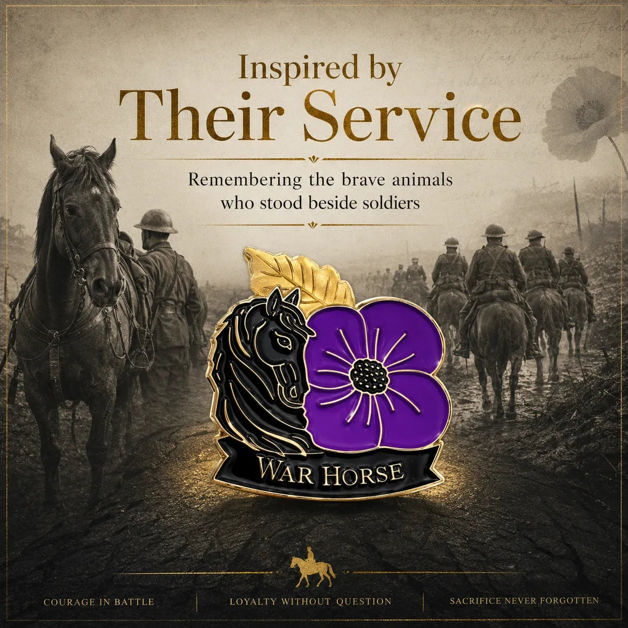 🐴 111th Anniversary War Horse Purple Poppy Remembrance Brooch | Meaningful Memorial Keepsake with Antique-Inspired Details for Veterans, Horse Lovers & History Collectors 💜
