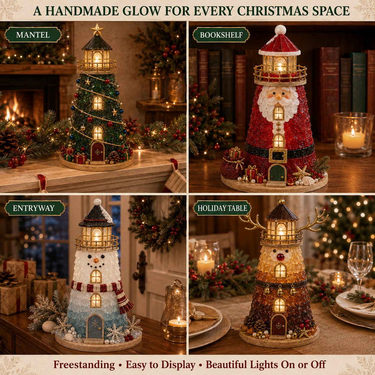 🎄Beginner-Friendly DIY Lighted Christmas Character Sea Glass-Style Lighthouse Kit Collection | Complete Kit with Sea Glass-Style Pieces, LED Lights & Step-by-Step Guide Included 💕