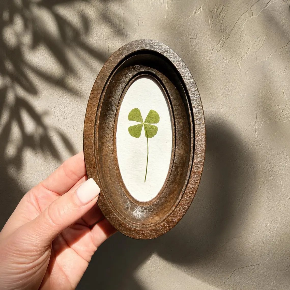 🍀Four-Leaf Clover in Oval Frame, Good Luck Charm, Pressed Clover, Handmade Botanical Decor