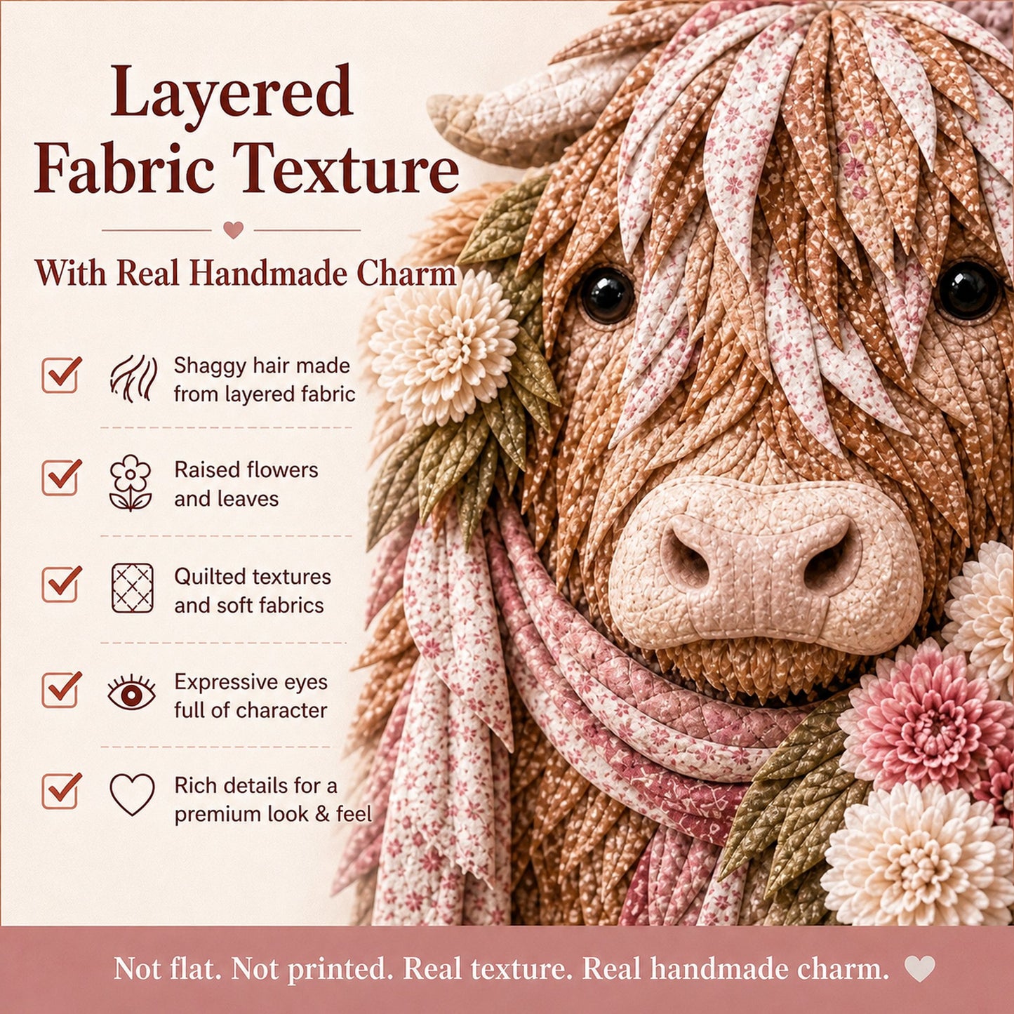 🐮💐🌸 Birth Flower Highland Cow 3D Layered Fabric Art DIY Kit (Beginner-friendly)
