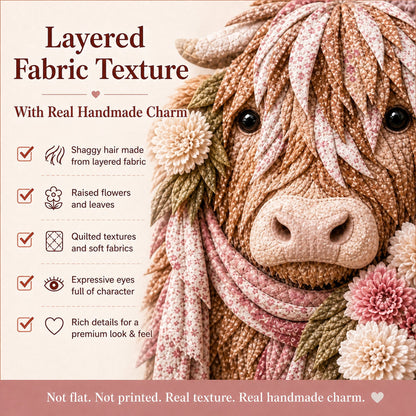 🐮💐🌸 Birth Flower Highland Cow 3D Layered Fabric Art DIY Kit (Beginner-friendly)