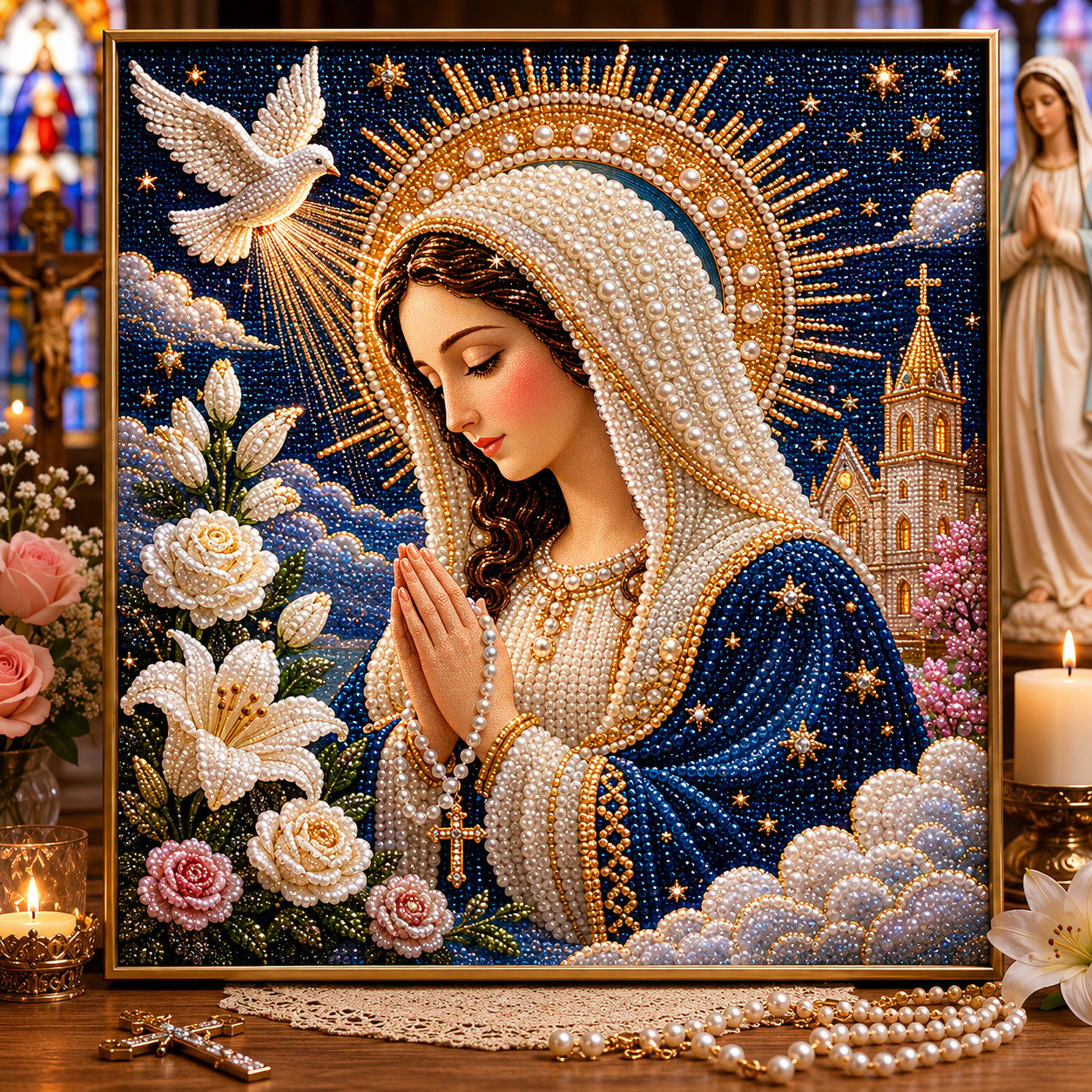 🙏New Arrivals 49% OFF-2026  Divine Pearl Bead Virgin Mary Icon – A Peaceful DIY Faith Art Gift ✨
