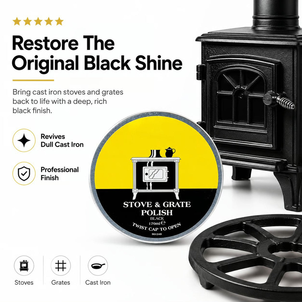 🧼Black Stove & Grate Polish – Cast Iron Restorer for Wood Stoves, Fireplaces & Grates