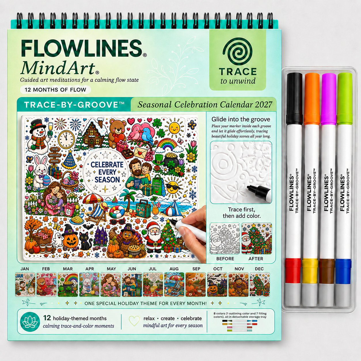 🎨Color The Year 2027: Trace-By-Groove Creative Calendar📅| Seasonal Guided Coloring Wall Calendar With Markers