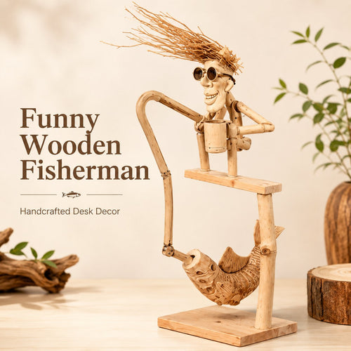 Handcrafted Wooden Ornament: Old Fisherman Angling