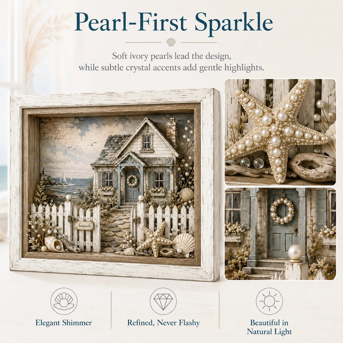 🐚Vintage Seaside Cottage Pearl Diamond Shadow Box DIY Kit