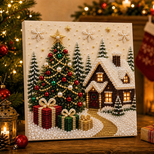 🎅 🎄 Premium 3D Pearl Christmas Wall Art Kit | Luxury Flocked Canvas with Scratch-Resistant Non-Fading Pearl Beads DIY Holiday Decor⛄️❄️