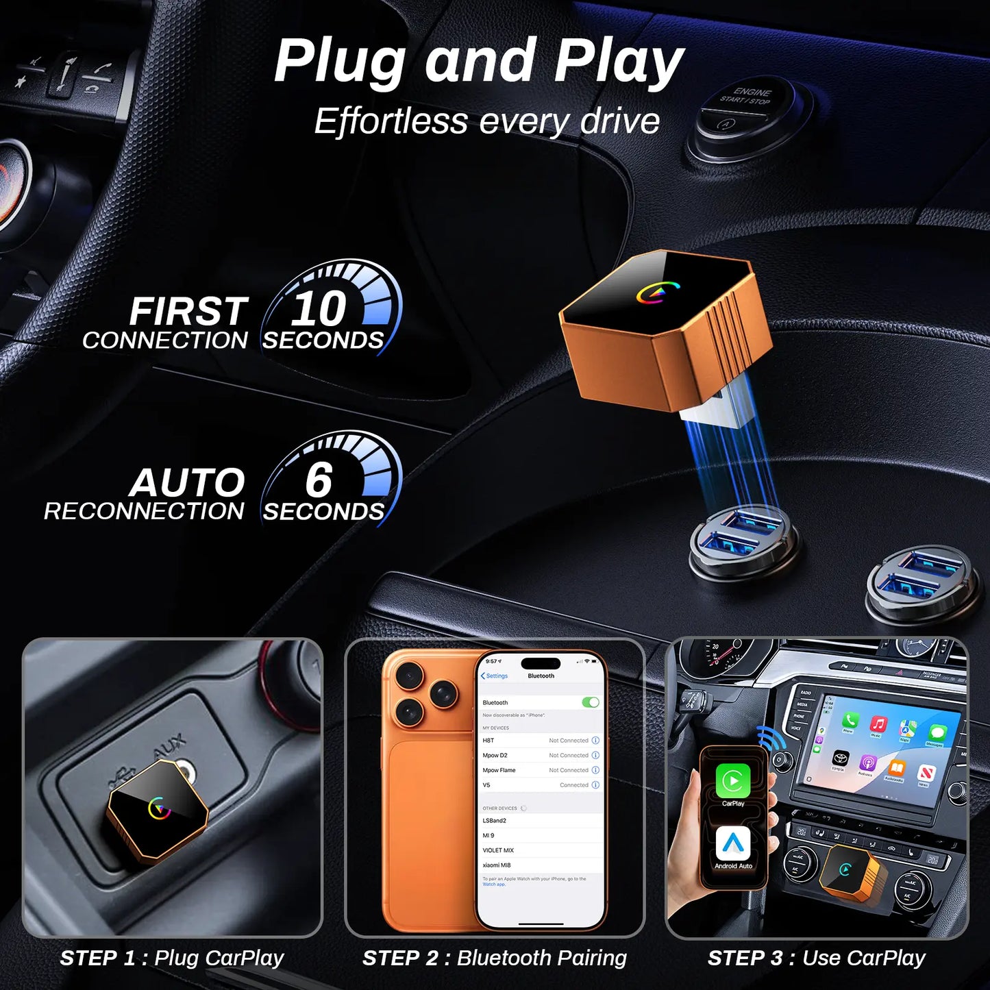 🚘2 in 1 Wireless CarPlay Adapter, Plug & Play, Fast Auto Connection, Compatible with Factory CarPlay Cars 2016+