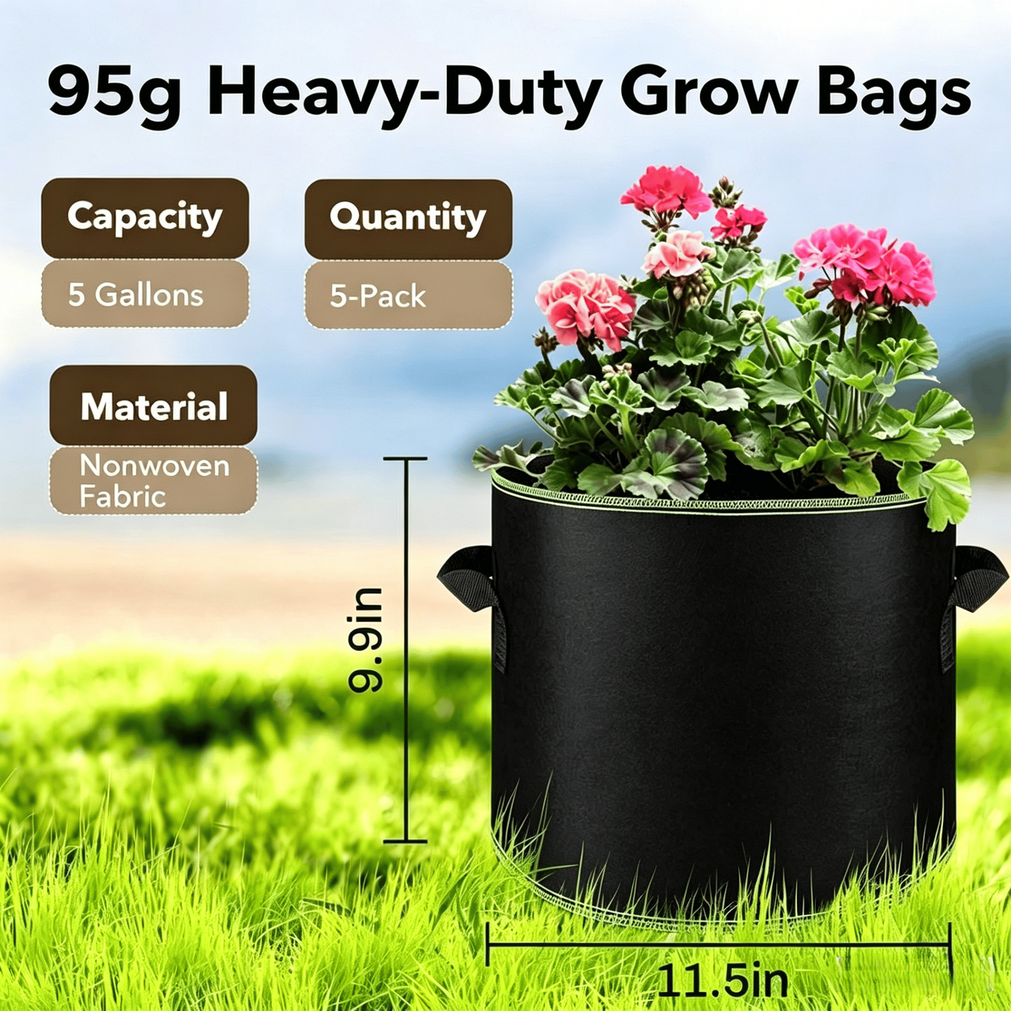5-Pack 5 Gallon Grow Bags – Heavy Duty Aeration Fabric Pots With Handles