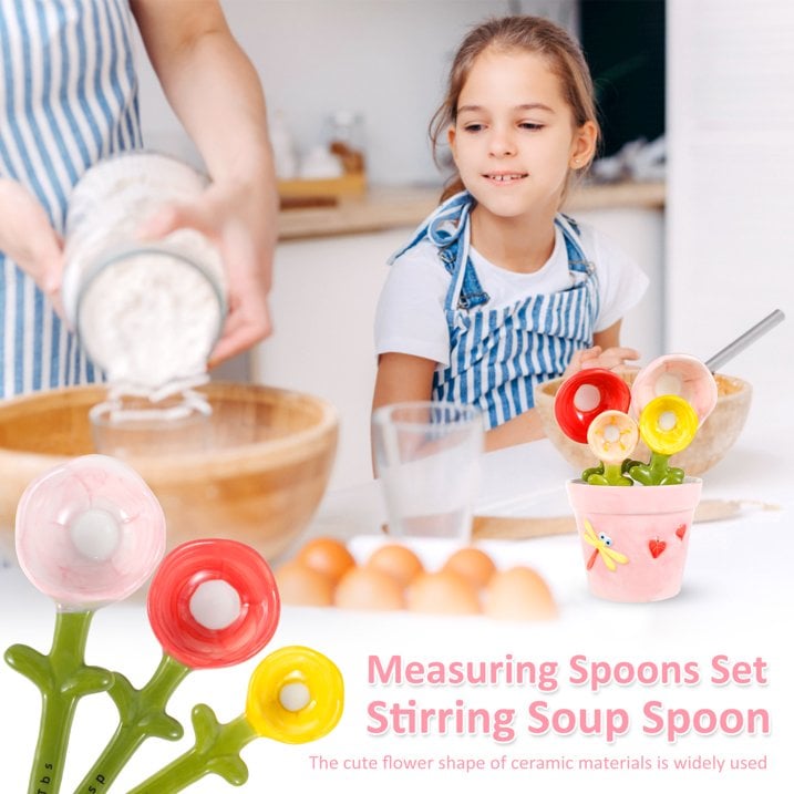 Ceramic Flower Measuring Spoons Set with Pink Pot Holder 🌸