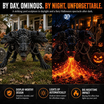 🔥 3-Headed Hellhound Halloween Light – Solar Fire-Breathing Yard Monster CUSBBY