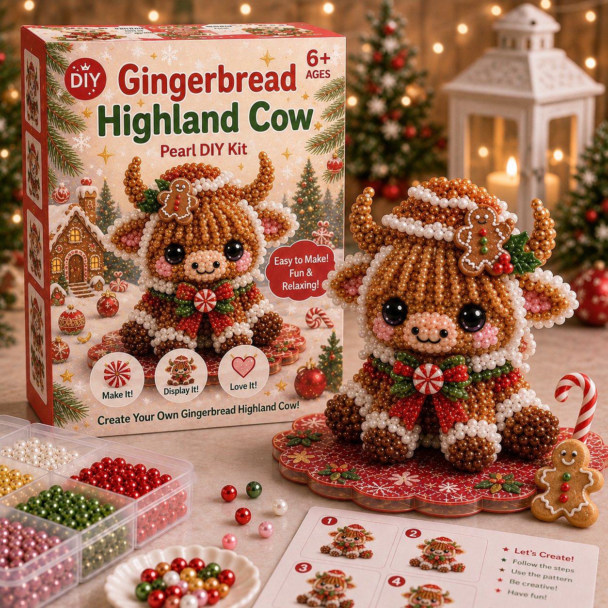 ⏳ Last Day 49% OFF – 🎄Beginner-Friendly Christmas Highland Cow 3D Pearl Bead DIY Kit | Complete Kit with All Tools & Step-by-Step Guide Included 💕