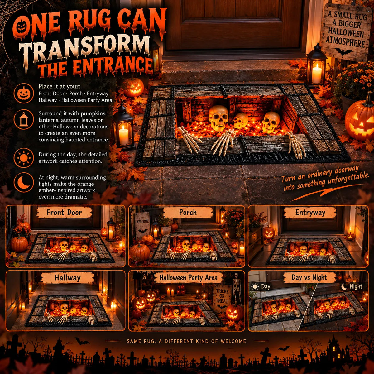 🔥LAST DAY 50% OFF💀Underground Crypt Skeleton Flame Ember Halloween Rug Decor✨