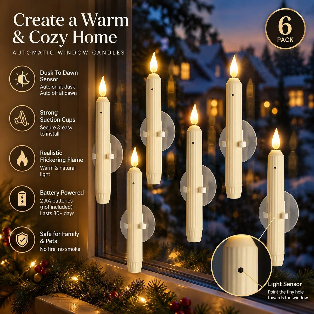 6Pcs Window Candles Sensor Lights