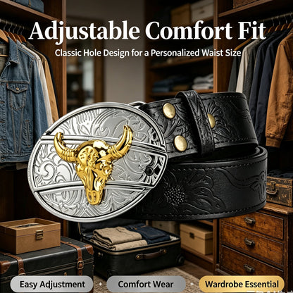 Bull‑Head Metal Buckle Embossed PU Leather Belt for Men