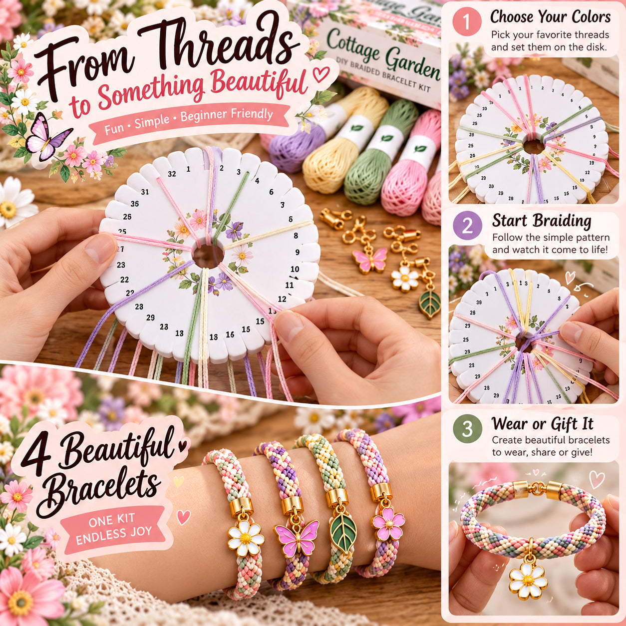 Step-by-step kumihimo bracelet making process with braiding disk