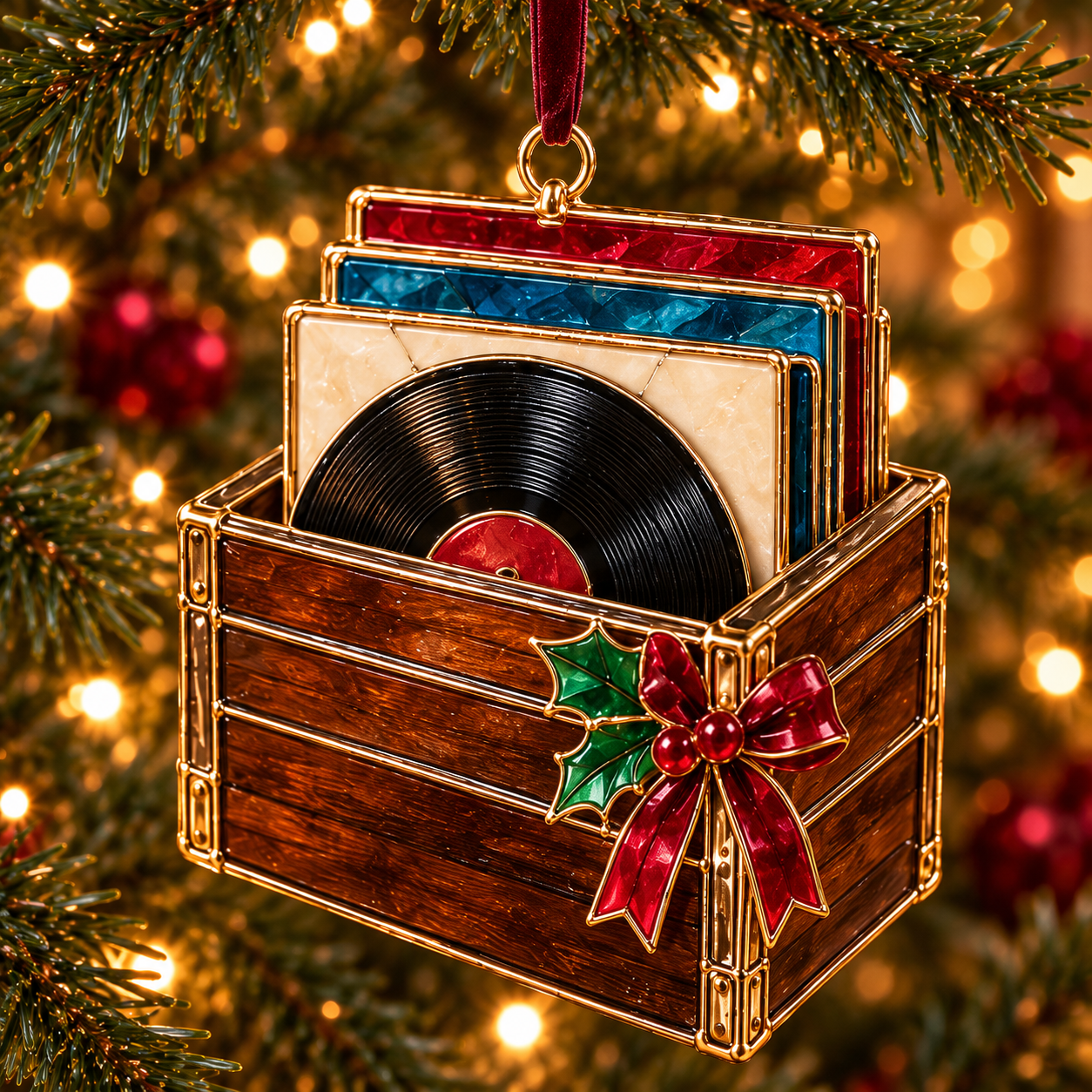 Wooden vinyl record storage box ornament