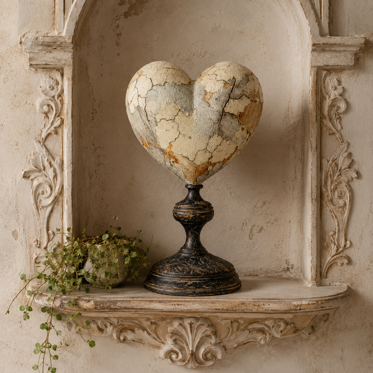 Vintage Distressed Heart Pedestal Sculpture