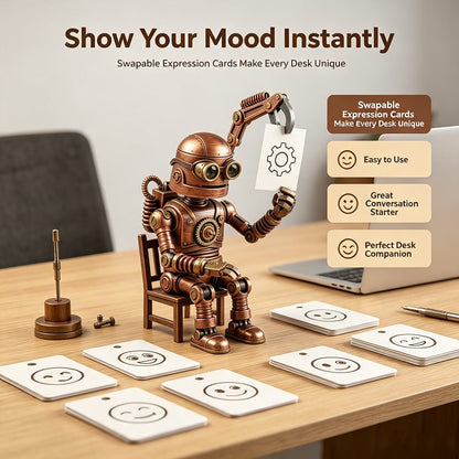 🤖 Steampunk Mood-Bot Desk Robot | Swapable Mood Card Desk Ornament For Office & Study Desktop Decor